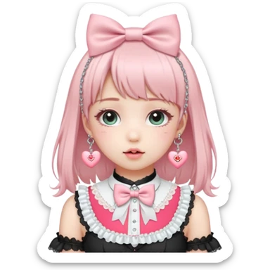 Pastel-baby-rose-pink Lolita-styled aesthetic cute kawaii choker-collar-necklace adorned with with white frills, roses, hearts, bow tie, silver chains,  sticker
