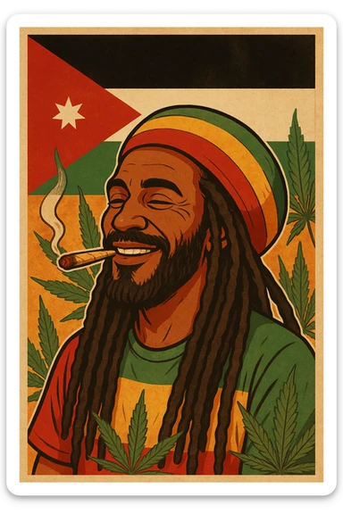 A digital vintage-style poster illustration of a Jordanian Rasta man with dreadlocks, wearing a red, yellow, green striped tam hat. He is smiling peacefully with a lit herbal spliff in his mouth. The background features the official Jordan flag — black, white, green horizontal stripes with a red triangle and a white 7-point star — accurately displayed behind him. Cannabis leaves are tastefully arranged around the composition, and the poster includes Rasta color textures blended with the Jordanian palette. Use a retro poster style with warm, slightly aged textures, bold outlines, and soft shading to evoke a soulful reggae vibe that honors both Jordanian pride and Rasta spirit. The mood is chill, powerful, and respectful sticker