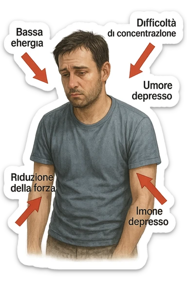  un uomo con espressione affaticata, circondato da frecce rosse che evidenziano sintomi di testosterone basso. Le frecce sono accompagnate da scritte in italiano come “Bassa energia”, “Difficoltà di concentrazione”, “Umore depresso”, “Riduzione della forza”. L’ambiente è semplice, con colori neutri e dettagli realistici. sticker