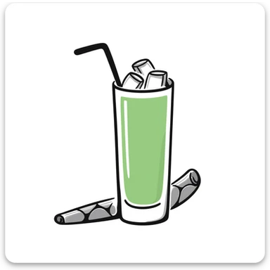 Hand-drawn glass of sugarcane juice with ice cubes, light green liquid, and a piece of sugarcane beside it sticker