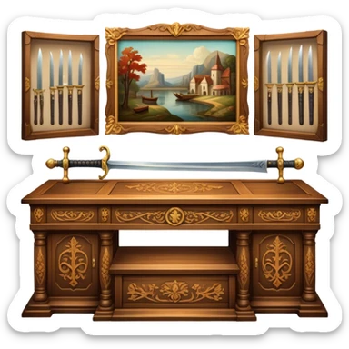 Icon for Antiques Collecting: vintage intricately carved furniture, famous paintings, antique swords, and rifles. The items are displayed on a wooden table or shelf. The icon should evoke the rich history and craftsmanship of antique collecting. Transparent background. sticker