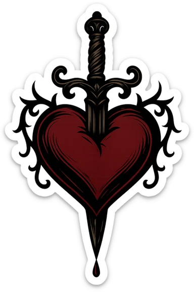 gothic style heart with a dagger through it, black and crimson colors, transparent background sticker