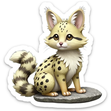 Hyper realistic  lichen-grey fur peppered with glowing fungus dots and damp stone tones beautiful elegant pretty precious cute  Fakémon-Pokémon-opossum-feline-serval-caracal-chinchilla-Furret-Minccino-hybrid-creature with a big fluffy bushy tail (full body) sticker