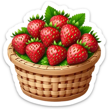 Cinematic ripe strawberrie, deep red, glossy with tiny seeds, green leaves still attached, gathered in a rustic basket, warm glowing background, fresh and sweet. sticker