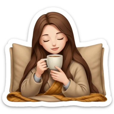 long brown hair woman closed eyes hiding under a cozy wool beige blanket, holding cup of coffee, autumn mood sticker