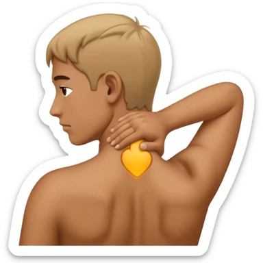 person with strain in the back of their neck. One hand holding the back of the neck sticker
