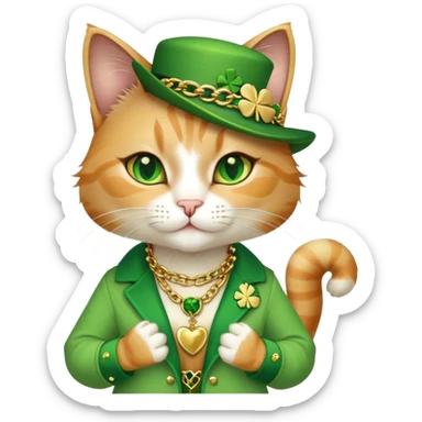 female cat dressed in hip-hop Run DMC style, green outfit, shamrock accessories, gold chains, bling, St. Patrick's Day sticker