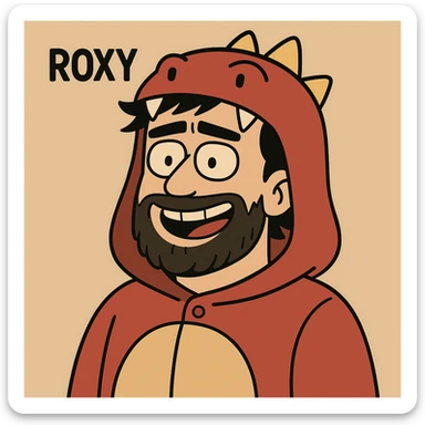 cartoon face of Roxy inspired by the reference image, red dinosaur onesie hood, dark hair, beard sticker