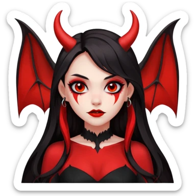 demon girl, skin red , black long hair, small horns, bat wing, black open-back dress, bold black outlines, red+black palette sticker