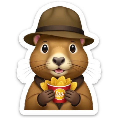 Capybara with a cool hat  eating Lays chips sticker