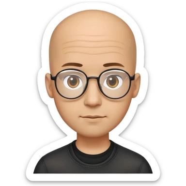Man with small oval face and big forehead, aviator-style glasses, completely bald/shaved sides with very short curly dark hair only on top of head, neutral-friendly expression, light brown skin, wearing a black shirt sticker