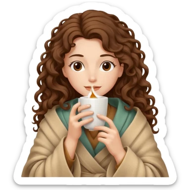 Gözleri kapalı, beyaz tenli ve uzun kıvırcık saçlı bir kadın avatar, battaniyeye sarılmış halde beyaz bir Türk kahvesi fincanından içeceğini huzurla yudumluyor. sticker