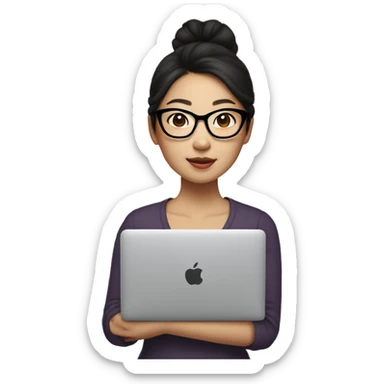 asian woman buns dark hair with glasses holding macbook sticker