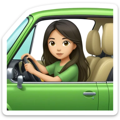 Long hair asian girl driving on her way in a green car  sticker