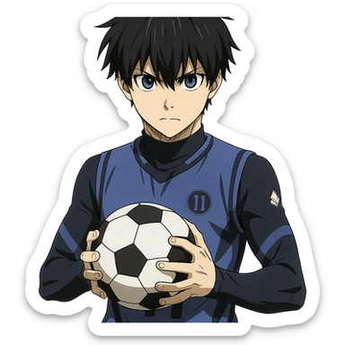 Isagi Yoichi, holding a soccer ball, determined expression, anime style sticker