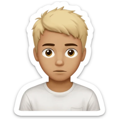 Short buzz, messy blonde hair. Dark brown bushy eyebrows large expressive golden-brown eyes, wearing a plain white t-shirt. Male Teenager. Brown skin color.  sticker