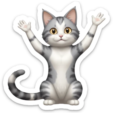 grey and white cat doing a big long stretch reaching up into the airwith arms together sticker