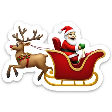 Santa Claus riding his red and gold sleigh which is being pulled by a reindeer with a red nose sticker