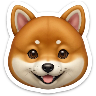 Head of a Shiba Inu dog in Apple emoji style, orange-brown fur with white muzzle and cheeks, round face, big black eyes, perky ears, grinning with closed mouth, no tongue, front-facing, glossy texture, soft shadows
 sticker