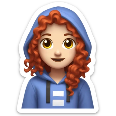 a white girl with long red curly hair and freckles, wearing periwinkle Minecraft hoodie playing a videogame smiling sticker