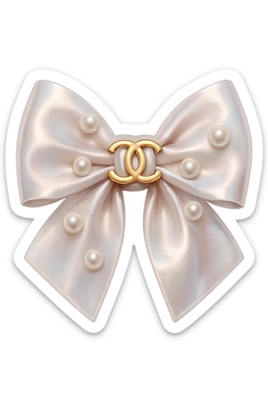 Remove the background, keep only the elegant bow with pearls and gold Chanel logo, glossy, pastel colors, realistic style, with no background. sticker