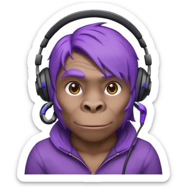 purple haired gorilla head with small in-ear headset sticker