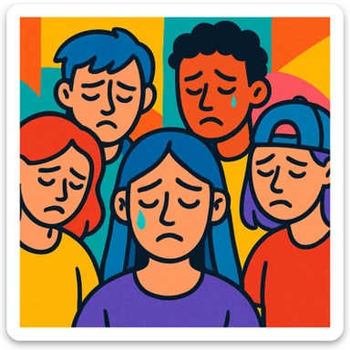 a group of young people showing sadness, colorful illustration style sticker