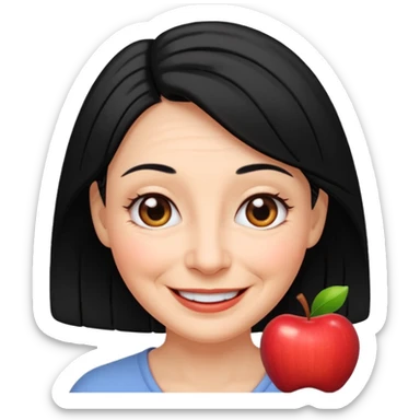 smiling woman with wrinkles, black hair, kind expression, Apple emoji style sticker