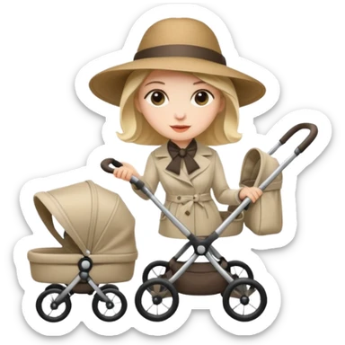 A stylish mother wearing a wide-brim hat, pushing a stroller. sticker