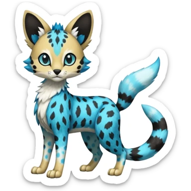 Colorful Meloetta-Sergal-Serval-Civet-Genet-Pokémon-Digimon-Fakémon-fusion-hybrid-creature with Cyan stripes and blue leopard-spot-markings  sticker