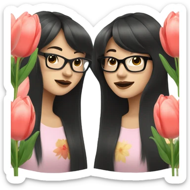 asian pale skin girl with long black shaking hair and bangs and glasses holding tulips sticker