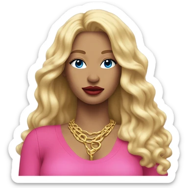 blonde woman with full banngs and long blonde hair with red lipstick on her lips a gold necklace and a pink,blue and silver bodysuit sticker