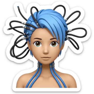 3D render of Wire Hair, futuristic cyborg aesthetic, fusion of organic skin and chrome metal, bundle of black and blue ethernet cables styled like hair, emoji style, isolated on white background --v 6.0. sticker
