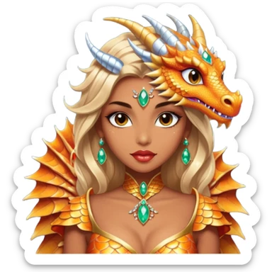 A gorgeous woman with dragon featured with glittering jeweled scales covering her body. She has large almond shaped eyes, lush lips, and she wears a stunning luminescent gown. sticker