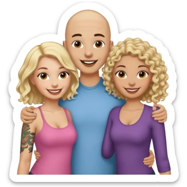 throuple tatted bald boyfriend with two girlfriends, one long blonde hair, other short curly brunette  sticker