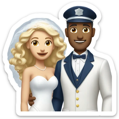 Puerto rican beard short hair with blue hat and navy blue suit getting Married with blond long hair girl with white  wedding dress  sticker