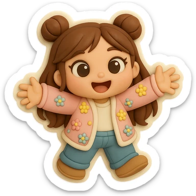 3D chibi fondant cake art style, high-quality rendering with smooth shadows and soft gradients. Girl based on reference image with preserved facial features and eye shape, long brown hair in two space buns, brown eyes, jeans, pastel floral cardigan, shoes, thick white outline like a sticker, transparent background. Reaching out both arms for a joyful hug. Ensure the face, hairstyle, eye shape, and shoes match the reference exactly. sticker