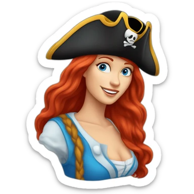 Woman long red hair down one side in a single platt. pirate hat. One side of head has no hair. Blue eyes. skull and crossbones t shirt sticker