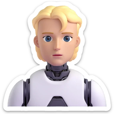 Minimalist male robot with blond hair, sharp jawline, intense eyes, white sweater, AI assistant sticker