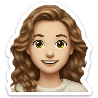 beautiful girl, white, with long loose wavy hair, brown hair, brown green eyes, smiles at the camera, good teeth, white sweater, realistic drawing sticker
