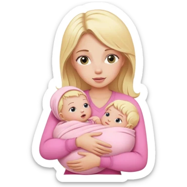Blonde girl holding a new born baby while the baby is wrapped in pink. sticker