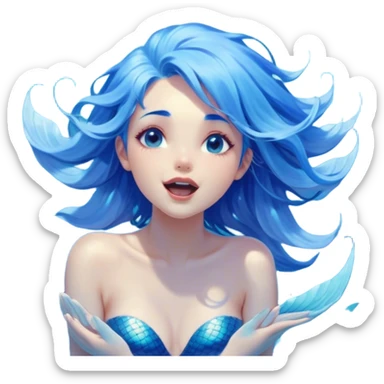 Cinematic Realistic Blue Hair Mermaid Portrait, head tilted slightly with a dramatic, wide-open yawn, revealing a tender, relaxed visage with intricately detailed, tanned skin and vibrant, cascading blue hair softly billowing around her. Her dreamy eyes exude a serene, aquatic charm, rendered with gentle underwater lighting and a soft, high-shine finish that captures the essence of a drowsy yet captivating mermaid drifting into tropical slumber. sticker