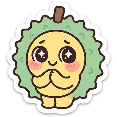 adorable chibi durian, round, pastel green shell, yellow inside, sparkly eyes, blushing, shy pose sticker