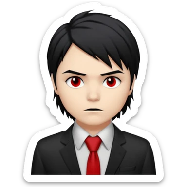 Gerard Way (Revenge Era)
Round, simplified emoji style
Pale skin tone dark eyes
Jet-black, shoulder-length hair messy and emo
Heavy eyeliner and slight red shadow under the eyes
Subtle serious
Hint of red tie visible on black button up shirt.
Transparent background. Black eyeliner. Messy emo hair sticker