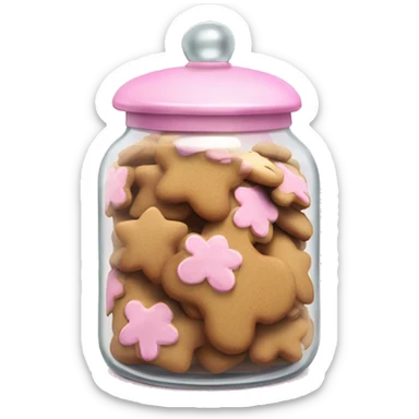 Realistic glass cookie jar with light pink lid full of gingerbread cookies isolated.  sticker