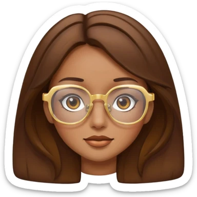 a girl with brown hair, slightly tanned skin and large square gold glasses sticker