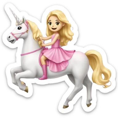 Little blonde girl in a princess dress riding a big pink unicorn  sticker