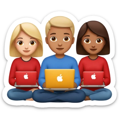 three programming students sitting together with laptops open, collaborative, friendly, apple emoji style sticker