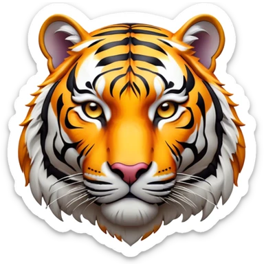 Cinematic Noble Tiger Portrait Emoji, Poised and regal, with a powerful, muscular build draped in striking, vivid stripes and intense, focused eyes, Simplified yet sharp and sophisticated features, highly detailed, glowing with a soft, wild luminescence, high shine, intelligent and majestic, stylized with an air of untamed authority, focused and commanding, soft glowing outline, capturing the essence of a watchful and confident jungle guardian that appears ready to pounce out of the screen with effortless authority! sticker
