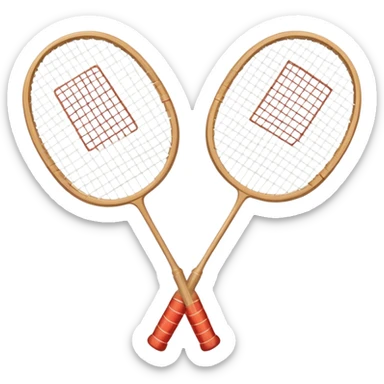 Two crossed badminton rackets with a shuttlecock resting in between, set against the faint outline of a badminton court. The image highlights the tools of the sport, with a subtle emphasis on the court's net and boundaries, symbolizing competition and skill. sticker